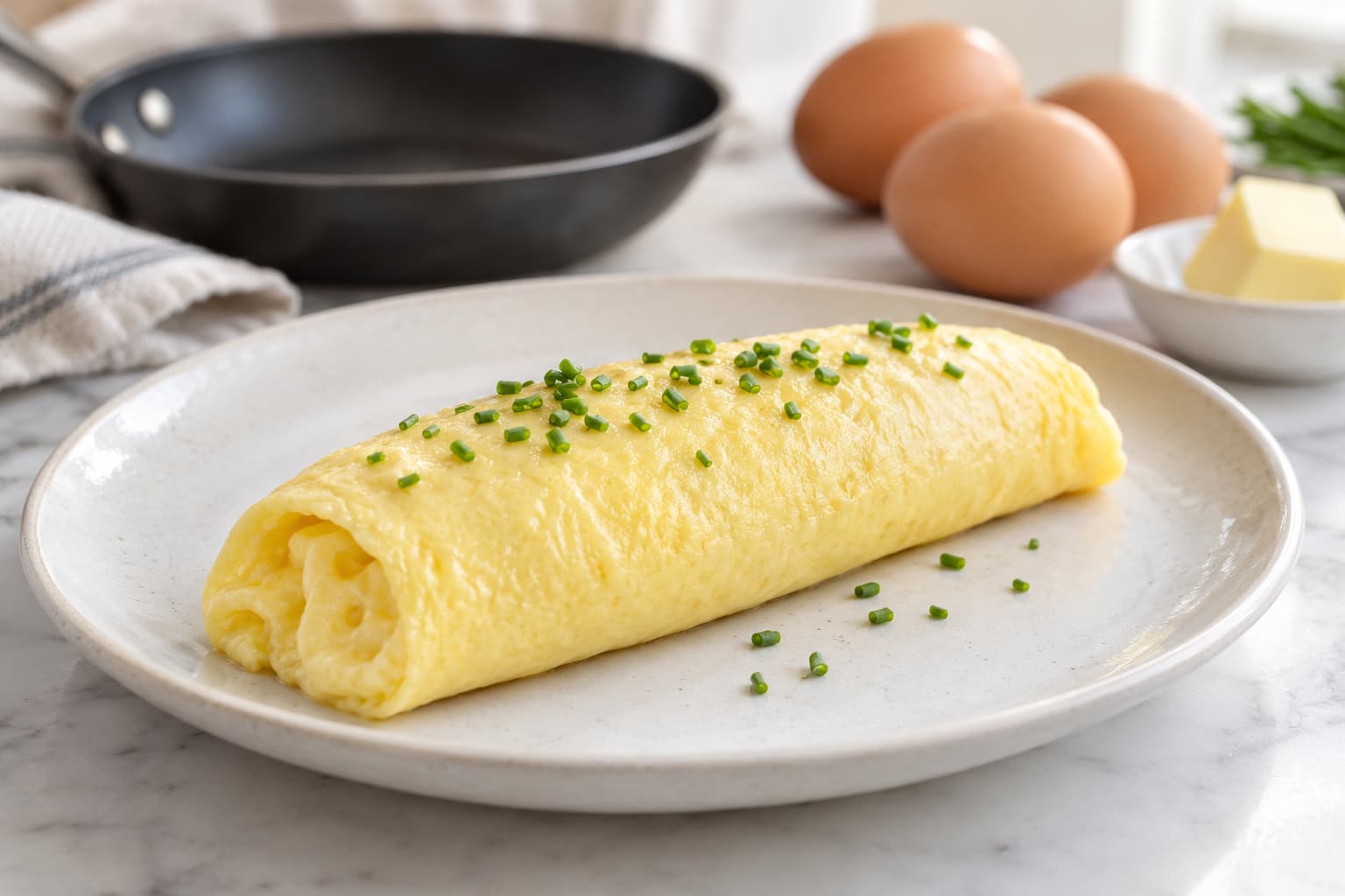 Rolled French omelette with a pale exterior and soft custardy center