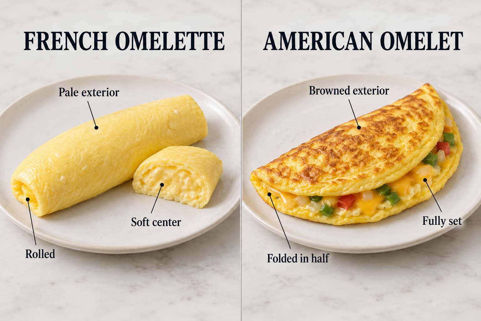 French omelette compared with an American omelet by texture, browning and shape