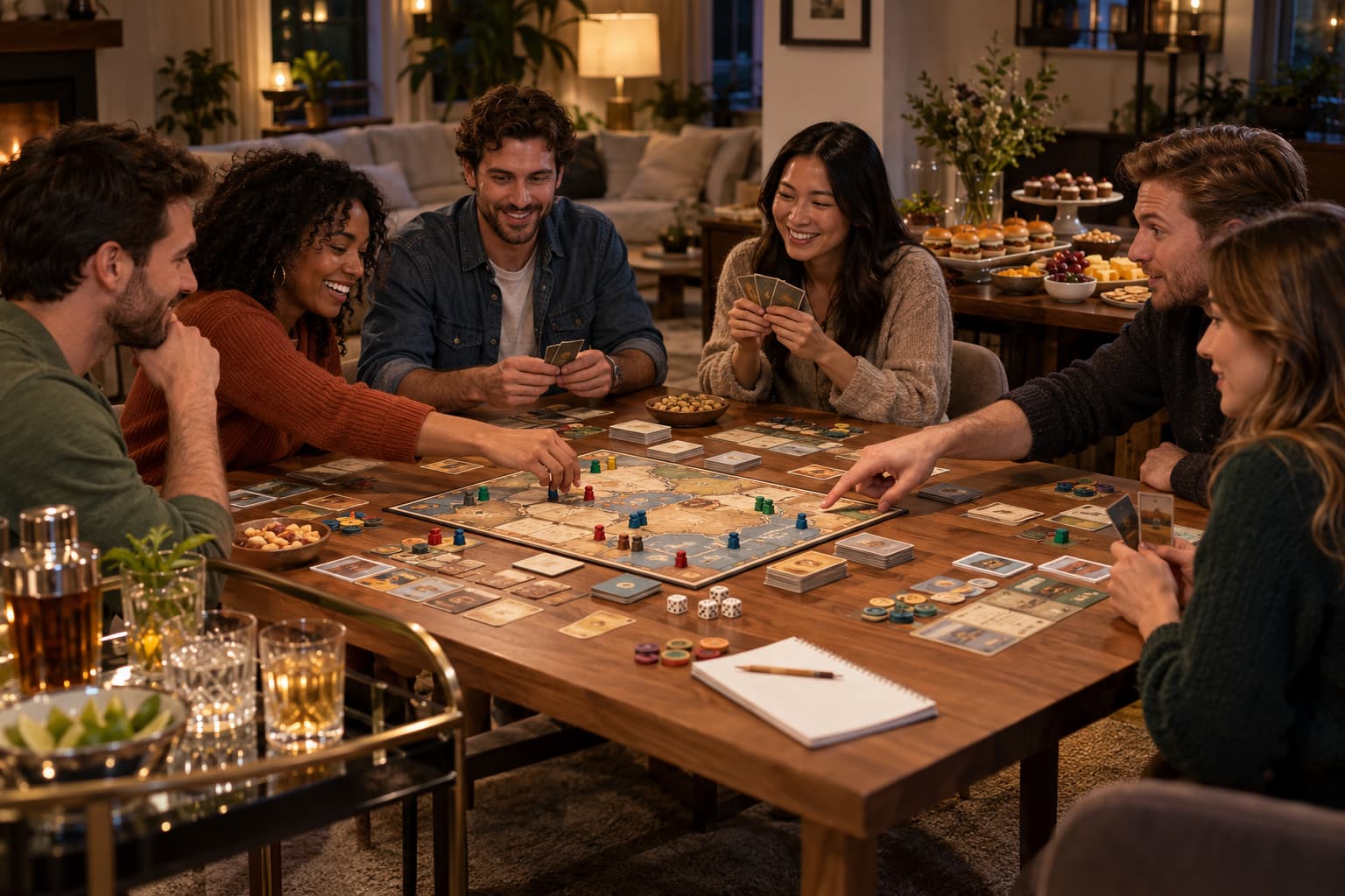 Friends playing board games during a game night at home