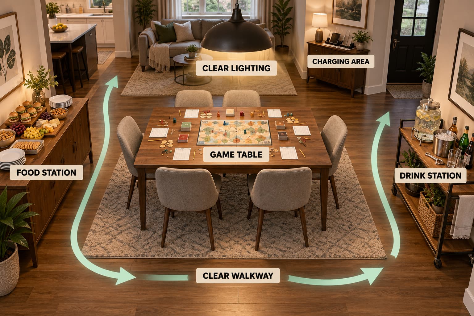 Game night room setup with separate game, food and drink areas