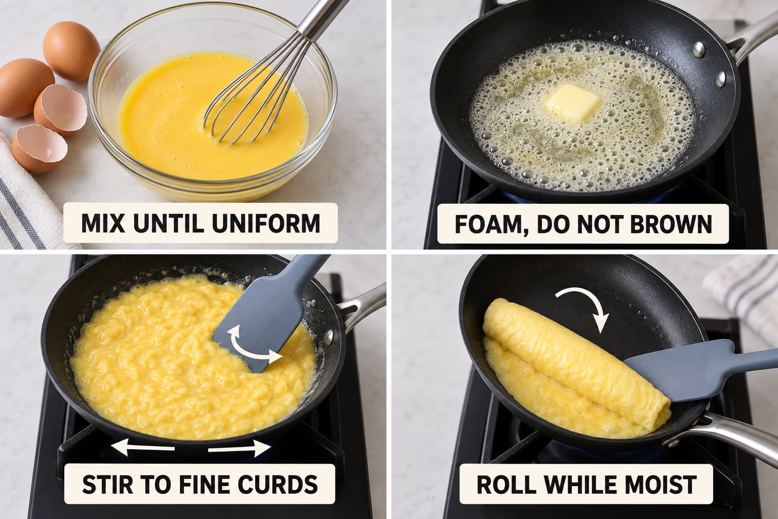 Stages of making a French omelette from mixing the eggs to rolling it