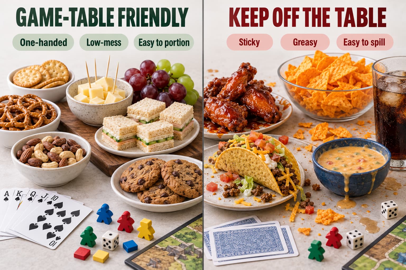 Low-mess game night snacks compared with sticky and greasy foods