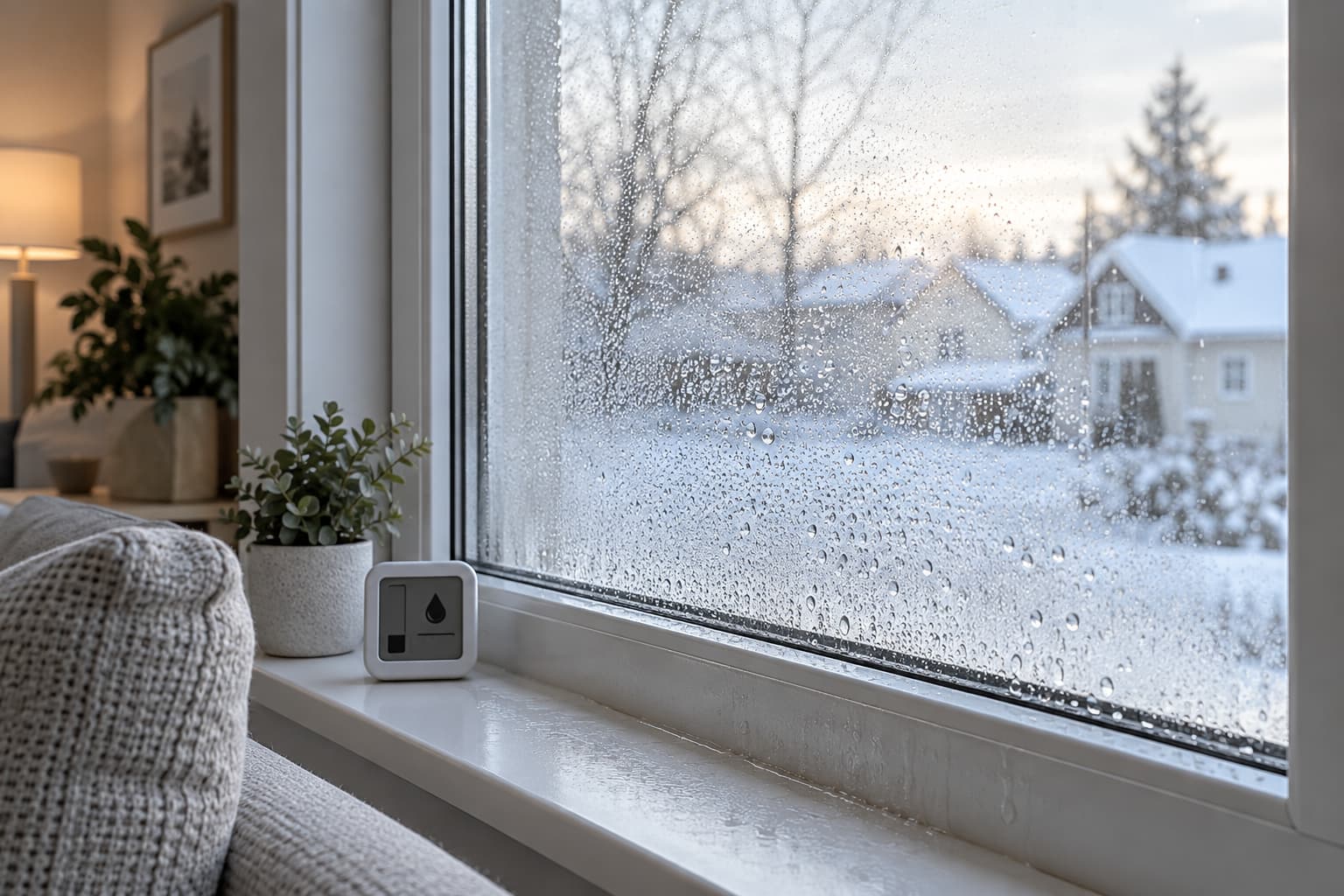 Condensation on the inside of a window beside a digital hygrometer