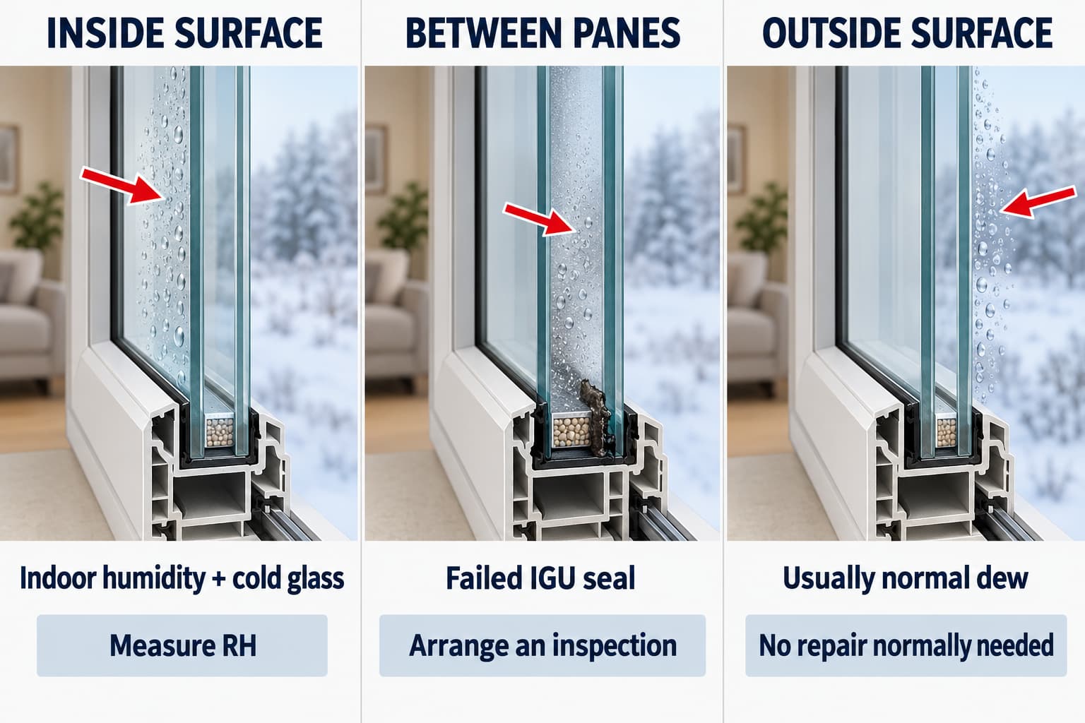 Comparison of condensation inside, outside and between window panes